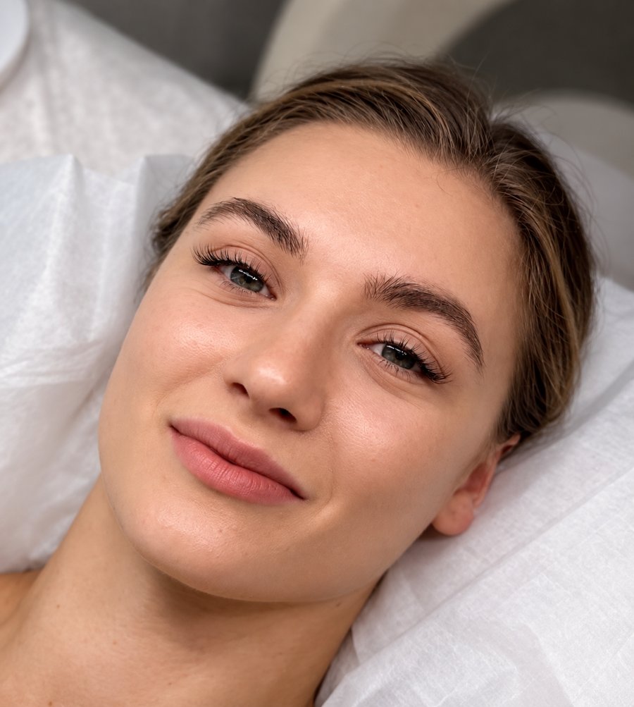 Client with natural lash extensions and groomed brows at Mare Lash and Spa